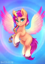 Size: 2480x3507 | Tagged: safe, artist:tokokami, sunny starscout, alicorn, pony, g5, my little pony: a new generation, colored wings, colored wingtips, flying, gradient wings, high res, looking at you, mane stripe sunny, race swap, smiling, solo, spread wings, sunnycorn, wings