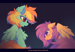 Size: 2400x1650 | Tagged: safe, artist:mirtash, lightning dust, scootaloo, pegasus, pony, g4, chest fluff, duo, duo female, ear fluff, ears back, female, filly, foal, frown, looking at each other, looking at someone, mare, open mouth, subtitles, sweat, sweatdrop, wing fluff, wings