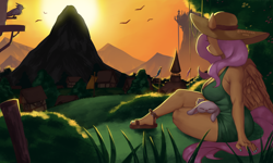 Size: 2500x1500 | Tagged: safe, artist:nire, angel bunny, fluttershy, bird, pegasus, anthro, plantigrade anthro, g4, big breasts, bird house, breasts, bush, busty fluttershy, canterlot, cleavage, clothes, curvy, dress, feet, female, flag, flag pole, flower, hat, house, large butt, mountain, nail polish, ponyville, sandals, scenery, sideboob, sky, solo, sun, sun hat, sunset, tail, toenail polish, town hall, tree, wide hips, wings