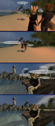 Size: 1440x3306 | Tagged: safe, artist:spud, button mash, oc, oc:cream heart, earth pony, anthro, comic:family bonds, g4, 3d, beach, clothes, comic, holding hands, lighthouse, ocean, palm tree, pointing, source filmmaker, speech bubble, tree, walking, water