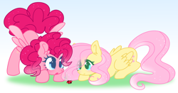 Size: 2644x1382 | Tagged: safe, artist:cutiesparke, fluttershy, pinkie pie, insect, ladybug, pegasus, pony, :o, c:, curious, duo, female, folded wings, gradient background, hoof heart, mare, open mouth, pegasus pinkie pie, race swap, simple background, smiling, spread wings, wings