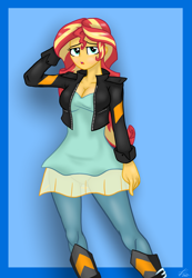 Size: 2615x3770 | Tagged: safe, artist:lennondash, sunset shimmer, human, equestria girls, g4, my little pony equestria girls: friendship games, arm behind head, blouse, boots, breasts, busty sunset shimmer, cleavage, clothes, high res, jacket, leather, leather jacket, shoes, solo, teenager