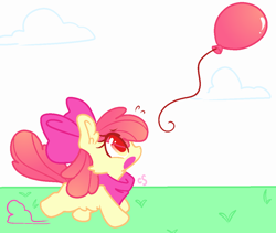 Size: 1130x953 | Tagged: safe, artist:cutiesparke, apple bloom, earth pony, pony, g4, adorable distress, balloon, belly fluff, chase, cloud, cute, ear fluff, female, grass, looking up, open mouth, running, simple background, solo, sweat, sweatdrop