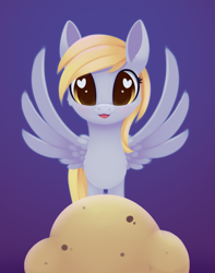 Size: 1476x1872 | Tagged: safe, artist:dusthiel, derpy hooves, pegasus, pony, g4, :3, eyes on the prize, female, food, gradient background, heart, heart eyes, mare, muffin, open mouth, solo, spread wings, that pony sure does love muffins, wingding eyes, wings