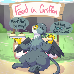 Size: 3976x4000 | Tagged: safe, artist:graphenescloset, gabby, griffon, series:gabby's filling fundraiser, g4, "flab"y, belly, belly button, dialogue, eyes closed, fat, female, incentive drive, scone, solo, stand, this will end in weight gain, weight gain, weight gain sequence