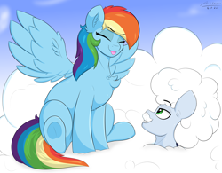 Size: 3200x2500 | Tagged: safe, artist:astrum, rainbow dash, soarin', pegasus, pony, fanfic:head in the clouds, g4, :p, chest fluff, cloud, cute, dashabetes, digital art, duo, duo male and female, ear fluff, eyebrows, eyebrows visible through hair, eyes closed, fanfic art, female, frog (hoof), grin, high res, lidded eyes, looking at someone, looking up, male, mare, on a cloud, playful, raised eyebrow, ship:soarindash, shipping, signature, silly, sitting, sitting on a cloud, sky, smiling, spread wings, stallion, straight, tongue out, underhoof, wholesome, wings