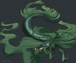 Size: 3000x2500 | Tagged: safe, artist:celes-969, oc, oc only, hybrid, merpony, seapony (g4), bubble, digital art, doodle, dorsal fin, fangs, female, fins, flowing mane, flowing tail, gray background, green mane, high res, ocean, signature, simple background, sketch, solo, swimming, tail, teeth, underwater, unshorn fetlocks, water, yellow eyes