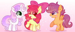 Size: 1400x600 | Tagged: safe, artist:cutiesparke, apple bloom, scootaloo, sweetie belle, earth pony, pegasus, pony, unicorn, g4, alternate design, alternate hairstyle, arm fluff, bandage, bandaid, base used, blank flank, chest fluff, curly hair, cutie mark crusaders, ear fluff, female, filly, foal, gradient background, grin, lightly watermarked, looking at each other, looking at someone, pink background, raised hoof, show accurate, simple background, smiling, sparkles, trio, watermark