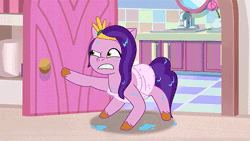 Size: 569x320 | Tagged: safe, screencap, pipp petals, pegasus, pony, dumpster diving, g5, my little pony: tell your tale, spoiler:g5, spoiler:my little pony: tell your tale, spoiler:tyts01e13, animated, door, female, gif, sink, solo, towel, wet, wet mane