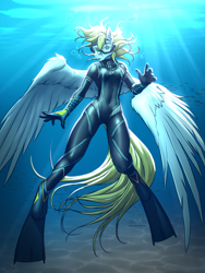 Size: 3000x4000 | Tagged: safe, artist:mykegreywolf, oc, oc only, oc:cutting chipset, fish, pegasus, anthro, bubble, clothes, crepuscular rays, ear fluff, feather, female, flippers (gear), flowing mane, flowing tail, goggles, green eyes, logo, ocean, open mouth, partially open wings, solo, sunlight, swimsuit, tail, underwater, water, wetsuit, wings