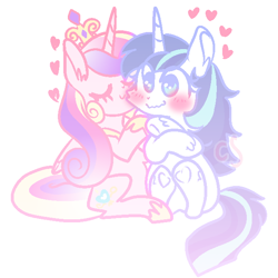 Size: 640x640 | Tagged: dead source, safe, artist:cutiesparke, princess cadance, shining armor, alicorn, pony, unicorn, g4, blushing, crossed arms, crown, cute, duo, female, flustered, gleaming shield, half r63 shipping, heart, hoof shoes, jewelry, lesbian, lightly watermarked, nuzzling, regalia, rule 63, ship:gleaming cadance, ship:shiningcadance, shipping, simple background, sitting, watermark, white background