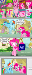 Size: 1136x2623 | Tagged: safe, artist:silverbuller, edit, edited screencap, screencap, applejack, pinkie pie, rainbow dash, rarity, spike, a friend in deed, amending fences, bats!, feeling pinkie keen, g4, hearthbreakers, rock solid friendship, simple ways, too many pinkie pies, adobe animate, breaking the fourth wall, comic, faic, pinkie being pinkie, screencap comic, speech bubble, tail, tailcopter