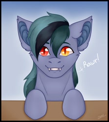 Size: 1827x2048 | Tagged: safe, artist:mustarddreams, oc, oc only, oc:scrimmy, bat pony, pony, bat pony oc, cute, dialogue, fangs, heterochromia, looking at you, male, simple background, smiling, smiling at you, solo, stallion, table, text