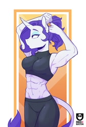 Size: 616x913 | Tagged: safe, artist:redxbacon, rarity, unicorn, anthro, g4, abs, armpits, belly button, biceps, breasts, busty rarity, clothes, eyeshadow, female, flexing, halter top, leonine tail, long tail, makeup, midriff, muscles, muscular female, pants, ponytail, reasonably sized breasts, ripped rarity, solo, sports bra, stupid sexy rarity, tail, toned, workout outfit, yoga pants