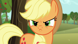 Size: 1280x720 | Tagged: safe, screencap, applejack, earth pony, pony, g4, no second prances, angry, applejack is best facemaker, applejack is not amused, applejack's hat, cowboy hat, cute, female, frown, hat, jackabetes, madorable, mare, narrowed eyes, scowl, solo, unamused