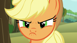Size: 1280x720 | Tagged: safe, screencap, applejack, earth pony, pony, g4, no second prances, season 6, angry, applejack is best facemaker, applejack is not amused, close-up, cute, female, frown, implied starlight glimmer, jackabetes, madorable, mare, narrowed eyes, now you fucked up, reaction image, scowl, solo, this will not end well, unamused