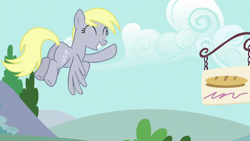 Size: 1280x720 | Tagged: safe, screencap, derpy hooves, pegasus, pony, g4, no second prances, season 6, butt, cute, derpabetes, female, flying, hello, implied twilight sparkle, mare, plot, solo, waving, waving at you