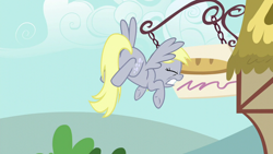 Size: 1280x720 | Tagged: safe, screencap, derpy hooves, pegasus, pony, g4, no second prances, season 6, butt, crash, female, mare, oof, oops, ouch, plot, solo, this will end in funniness, warning sign, wooden sign