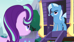 Size: 1280x720 | Tagged: safe, screencap, starlight glimmer, trixie, pony, unicorn, no second prances, season 6, duo, duo female, duo unicorn, female, mare, narrowed eyes, oh no she didn't, reference