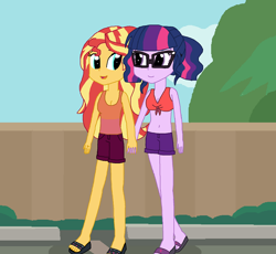 Size: 900x827 | Tagged: safe, artist:thomaszoey3000, sci-twi, sunset shimmer, twilight sparkle, human, equestria girls, belly button, clothes, female, holding hands, lesbian, sandals, scitwishimmer, shipping, shorts, sunsetsparkle
