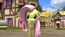 Size: 1179x663 | Tagged: safe, artist:argodaemon, fluttershy, pegasus, pony, 3d, day, daytime, female, looking at you, mare, solo, youtube link