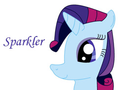 Size: 900x660 | Tagged: safe, artist:kiarakovu123, sparkler (g1), pony, unicorn, g1, g4, blue eyes, bust, cute, eyeshadow, female, g1 to g4, generation leap, lady, makeup, mare, multicolored hair, multicolored mane, portrait, purple text, simple background, smiling, solo, sparklerdorable, text, white background
