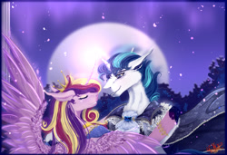 Size: 3500x2400 | Tagged: safe, princess cadance, shining armor, alicorn, pony, unicorn, dance magic, equestria girls, spoiler:eqg specials, dancing, female, garden, glowing, glowing horn, horn, love, male, mare, moon, my little pony, wings
