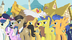 Size: 1280x720 | Tagged: safe, artist:mlp-silver-quill, caramel, comet tail, diamond tiara, filthy rich, flash sentry, lemon hearts, oc, oc:silver quill, after the fact, after the fact:the lost treasure of griffonstone, angry, jewelry, mob, necktie, ponyville, terrified, tiara