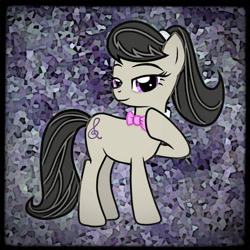 Size: 1024x1024 | Tagged: safe, artist:jennieoo, artist:serinasnake, octavia melody, earth pony, pony, g4, abstract background, alternate hairstyle, bowtie, female, full body, looking at you, mare, ponytail, raised hoof, scrunchie, smiling, smiling at you, solo, standing, tail, wallpaper