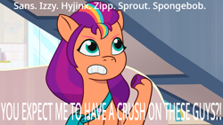 Size: 960x540 | Tagged: safe, editor:wonderwolf51, screencap, sunny starscout, earth pony, g5, my little pony: tell your tale, neighfever, spoiler:g5, spoiler:my little pony: tell your tale, spoiler:tyts01e16, female, high res, implied hyjinx, implied izzy moonbow, implied sans, implied shipping, implied spongebob, implied sprout, implied zipp, meme, solo