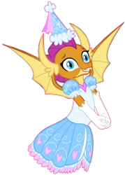 Size: 720x1003 | Tagged: safe, artist:darlycatmake, smolder, dragon, clothes, dragon wings, dragoness, dress, female, froufrou glittery lacy outfit, gloves, happy, hat, hennin, long gloves, looking at you, princess, princess smolder, simple background, smiling, smiling at you, transparent background, wings