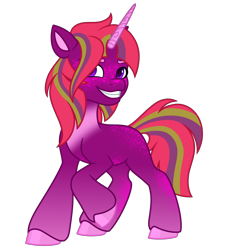 Size: 2440x2653 | Tagged: safe, artist:dancingkinfiend, derpibooru exclusive, oc, oc only, unnamed oc, pony, unicorn, g5, cheeky, coat markings, colored ears, colored hooves, colored horn, female, freckles, gritted teeth, happy, high res, hooves, horn, male to female, mare, multicolored hair, multicolored mane, multicolored tail, purple eyes, purple fur, raised hoof, raised leg, red hair, simple background, smiling, smirk, socks (coat markings), solo, sparkles, stripes, tail, teeth, trans female, transgender, transgender oc, transparent background, unicorn oc