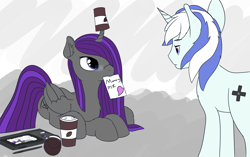 Size: 3286x2065 | Tagged: safe, artist:etheria galaxia, oc, oc only, oc:etheria galaxia, oc:scratch wub, alicorn, pony, unicorn, alicorn oc, chest fluff, coffee, coffee cup, colored, cup, curved horn, cute, duo, ear fluff, female, glasses, heart, high res, horn, lying, male, mare, mouth hold, note, prone, simple background, sketch, stallion, unamused, unicorn oc, weapons-grade cute, wings