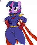 Size: 2249x2759 | Tagged: safe, artist:aer0 zer0, twilight sparkle, anthro, clothes, cosplay, costume, homelander, simple background, solo, the boys, thighs, thunder thighs, white background