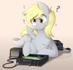 Size: 1200x1146 | Tagged: safe, artist:higgly-chan, derpy hooves, pegasus, pony, antenna, commission, confused, electronics, female, ham radio, lying down, mare, microphone, prone, question mark, radio, simple background, solo, speaker, underhoof, wall eyed