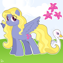 Size: 1751x1751 | Tagged: safe, artist:daylightsketch, lily blossom, bird, pegasus, pony, swan, g4, cloud, eye reflection, eyebrows, eyelashes, feathered wings, female, folded wings, ibispaint x, mare, outline, pet, reflection, spread wings, wings