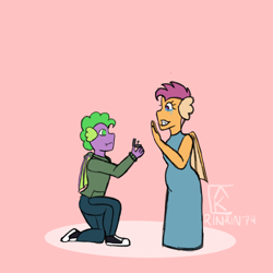 Size: 2048x2048 | Tagged: safe, artist:mintymelody, scootaloo, spike, dragon, anthro, g4, converse, dragonified, female, high res, male, marriage proposal, pregnant, request, requested art, scootadragon, ship:scootaspike, shipping, shoes, species swap, straight