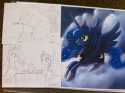 Size: 1024x765 | Tagged: safe, artist:johnjoseco, doctor whooves, princess luna, time turner, twilight sparkle, alicorn, earth pony, pony, unicorn, cloud, doctor who, female, irl, male, mare, photo, print, signature, sketch, sonic screwdriver, stallion, traditional art