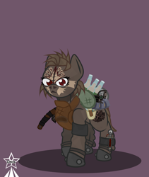 Size: 4245x5021 | Tagged: safe, artist:devorierdeos, oc, oc only, oc:vu, earth pony, pony, fallout equestria, armor, bag, battle tattoo, bottle, burn, female, gun, hammer, handgun, machete, mare, red eyes, revolver, scotch tape, scrap, scrap armor, sider, simple background, solo, stimpack, tribal