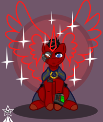 Size: 4245x5021 | Tagged: safe, artist:devorierdeos, oc, oc only, oc:red eye, alicorn, cyber pony, cyborg, earth pony, pony, fallout equestria, antagonist, black hair, blue eye, clothes, cyber eye, jumpsuit, magic, magic aura, pipbuck, scar, simple background, stable-tec, vault 101, vault suit