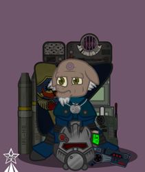 Size: 4245x5021 | Tagged: safe, artist:devorierdeos, oc, oc:cottage cheese, pony, unicorn, fallout equestria, armor, elder, flag, gun, handgun, injured, jewelry, necklace, old pony, pipbuck, pistol, power armor, radio, sad, solo, steel ranger, warhammer (game), warhammer 40k