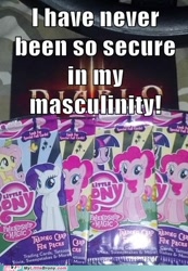 Size: 392x568 | Tagged: safe, artist:mlpmemearchive, pinkie pie, rarity, twilight sparkle, earth pony, unicorn, blatant lies, irl, my little pony logo, photo, text, trading card