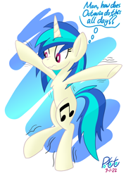 Size: 2500x3500 | Tagged: safe, artist:notadeliciouspotato, dj pon-3, vinyl scratch, pony, unicorn, abstract background, bipedal, chest fluff, female, horn, mare, motion lines, signature, solo, standing, standing on one leg, thought bubble, wavy mouth, wobbling
