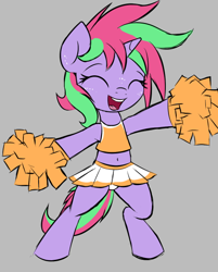 Size: 468x581 | Tagged: safe, artist:permpony, oc, oc only, oc:susie supreme, pony, unicorn, armpits, belly button, bipedal, cheerleader, cheerleader outfit, clothes, eyes closed, female, filly, foal, gray background, happy, horn, midriff, open mouth, open smile, panties, pom pom, simple background, skirt, smiling, solo, underwear, unicorn oc, upskirt