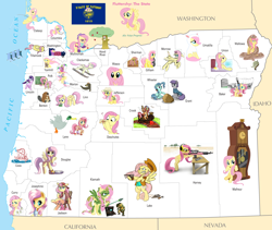 Size: 4896x4134 | Tagged: safe, artist:twiface, fluttershy, maud pie, petunia paleo, starlight glimmer, beaver, bird, duck, g4, fluttertree, kite, map, oregon, ponies as regions