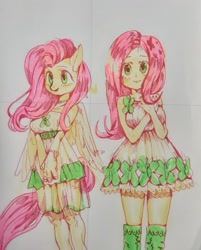 Size: 1029x1280 | Tagged: source needed, safe, artist:zzugguri, fluttershy, human, anthro, equestria girls, g4, clothes, female, human anthrodox, self paradox, self ponidox, smiling, traditional art