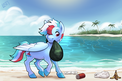 Size: 900x600 | Tagged: safe, artist:lastnight-light, oc, oc:calm winds, pegasus, pony, beach, male, mouth hold, pegasus oc, solo, stallion, trash