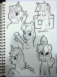 Size: 2242x3054 | Tagged: safe, artist:melisareb, oc, oc:kune (kleptocorns), oc:pipu, oc:quark (kleptocorns), oc:sucre (kleptocorns), oc:vaantu, pony, unicorn, barely pony related, cupcake, female, food, group, high res, kleptocorns, lineart, looking at you, looking up, male, mare, monochrome, open mouth, raised hoof, stallion, traditional art