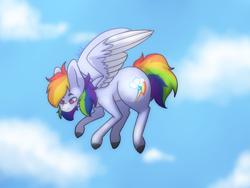 Size: 1024x768 | Tagged: safe, artist:hunter-shadowcloak, rainbow dash, pegasus, pony, cloud, female, flying, looking down, mare, sky, solo, wings