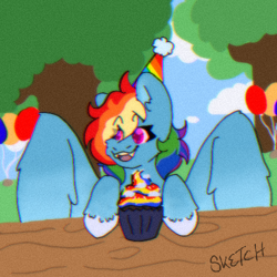 Size: 500x500 | Tagged: safe, artist:hunter-shadowcloak, rainbow dash, pegasus, pony, g4, balloon, cloud, cupcake, female, film grain, food, hat, mare, open mouth, party hat, rainbow cupcake, sky, solo, table, tree, wings